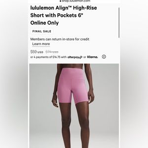 NWOT Lululemon align 6” shorts